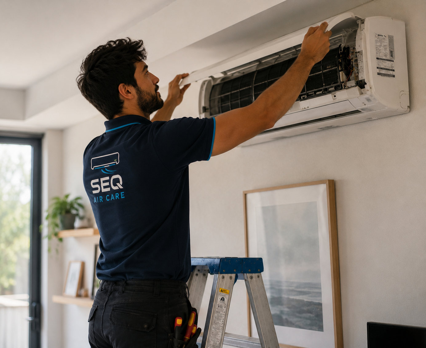Jordan from SEQ Air Care cleaning a split system air conditioner in North Brisbane