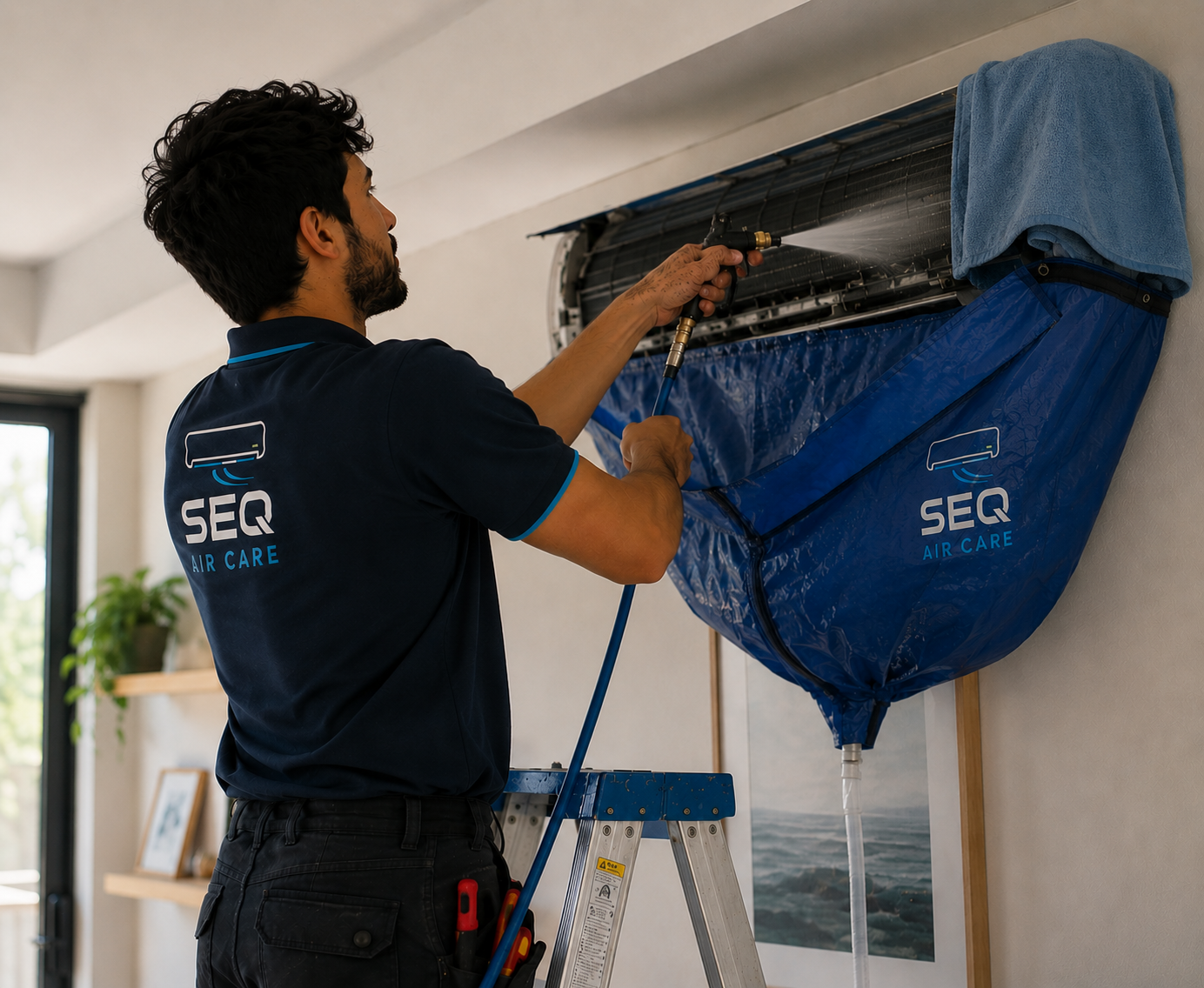 Technician cleaning split system air conditioner